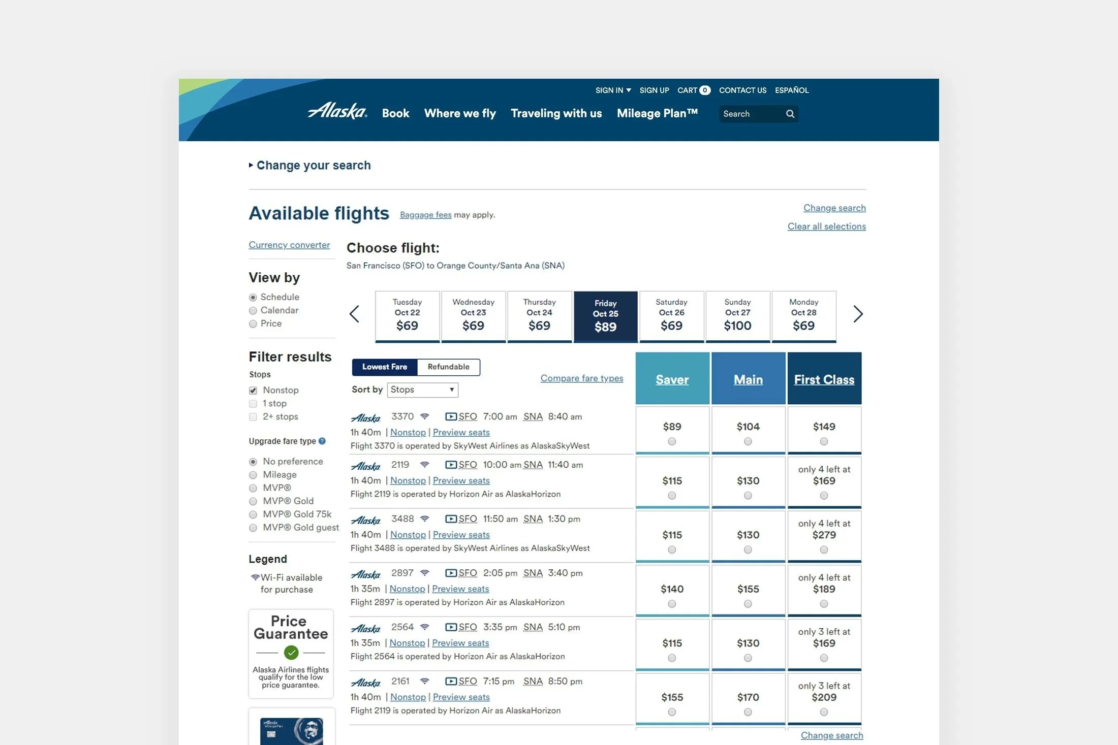 Alaska Airlines flight search before redesign, 2019