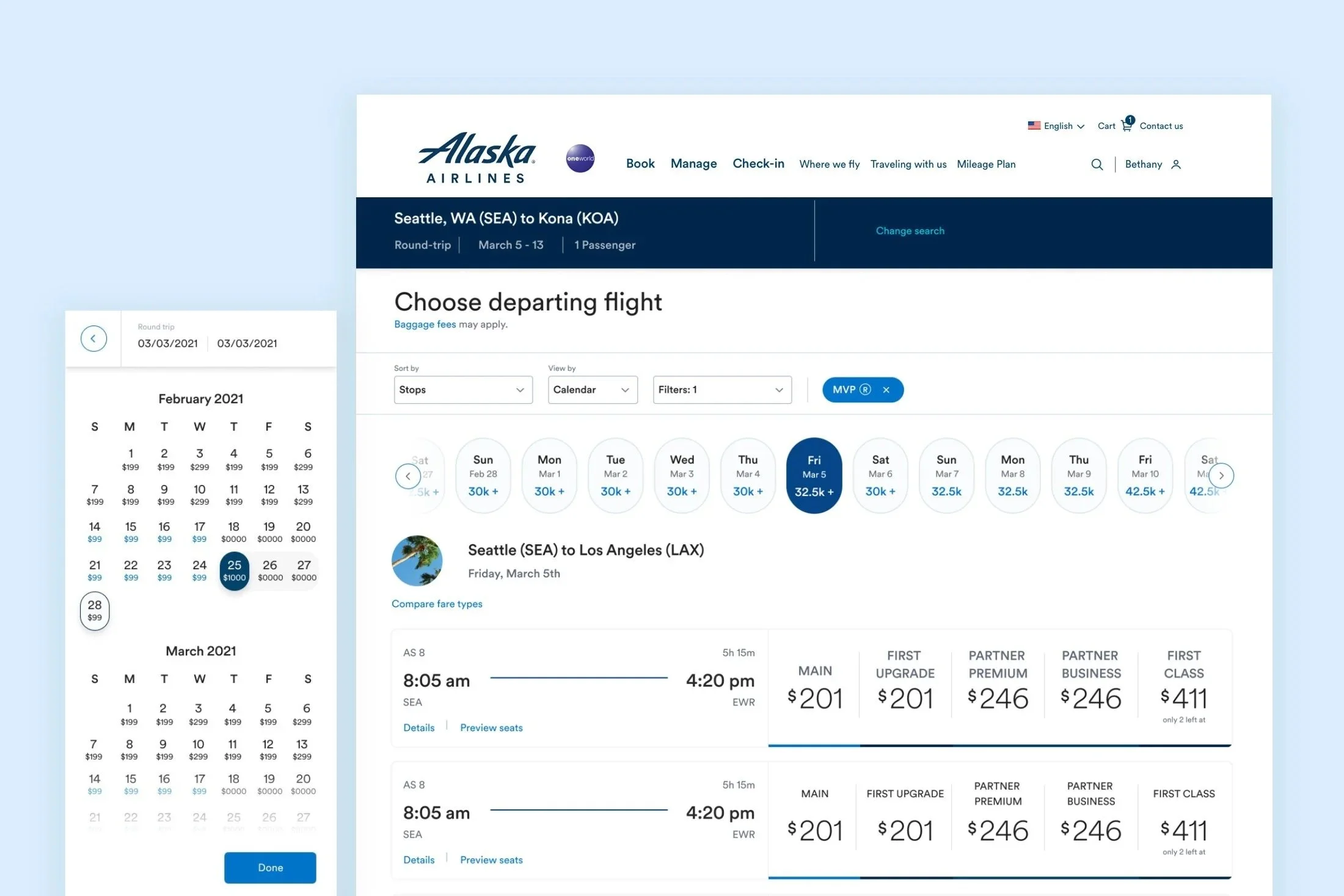 Alaska Airlines flight search after redesign, 2021