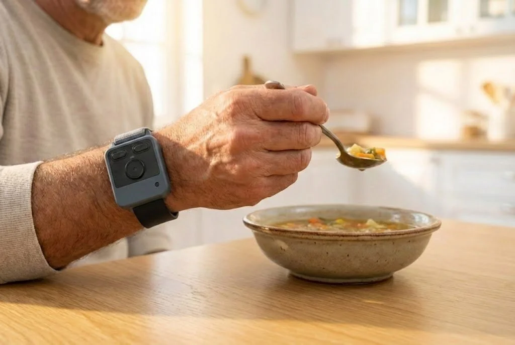 A man wearing Encora X1 eating soup