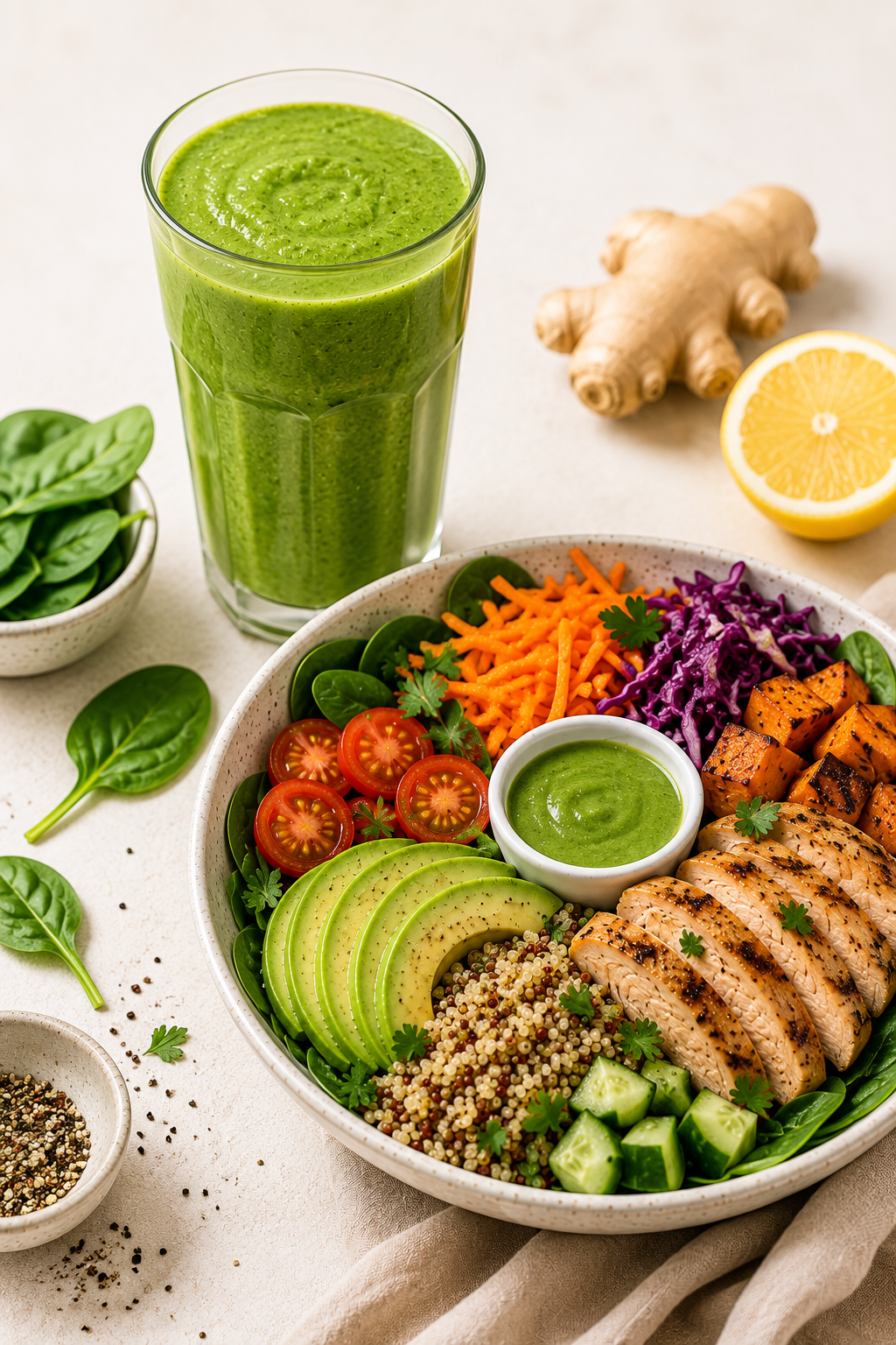 Green smoothie and nourishing iron-focused meal