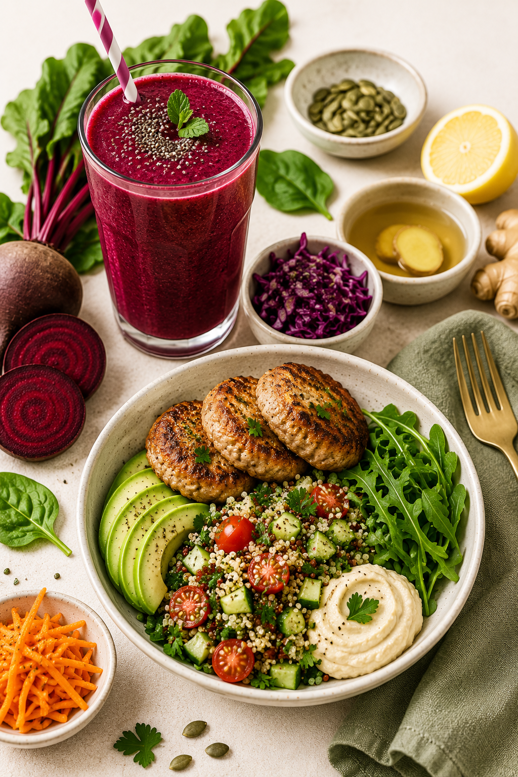 Beetroot smoothie and iron-rich meal