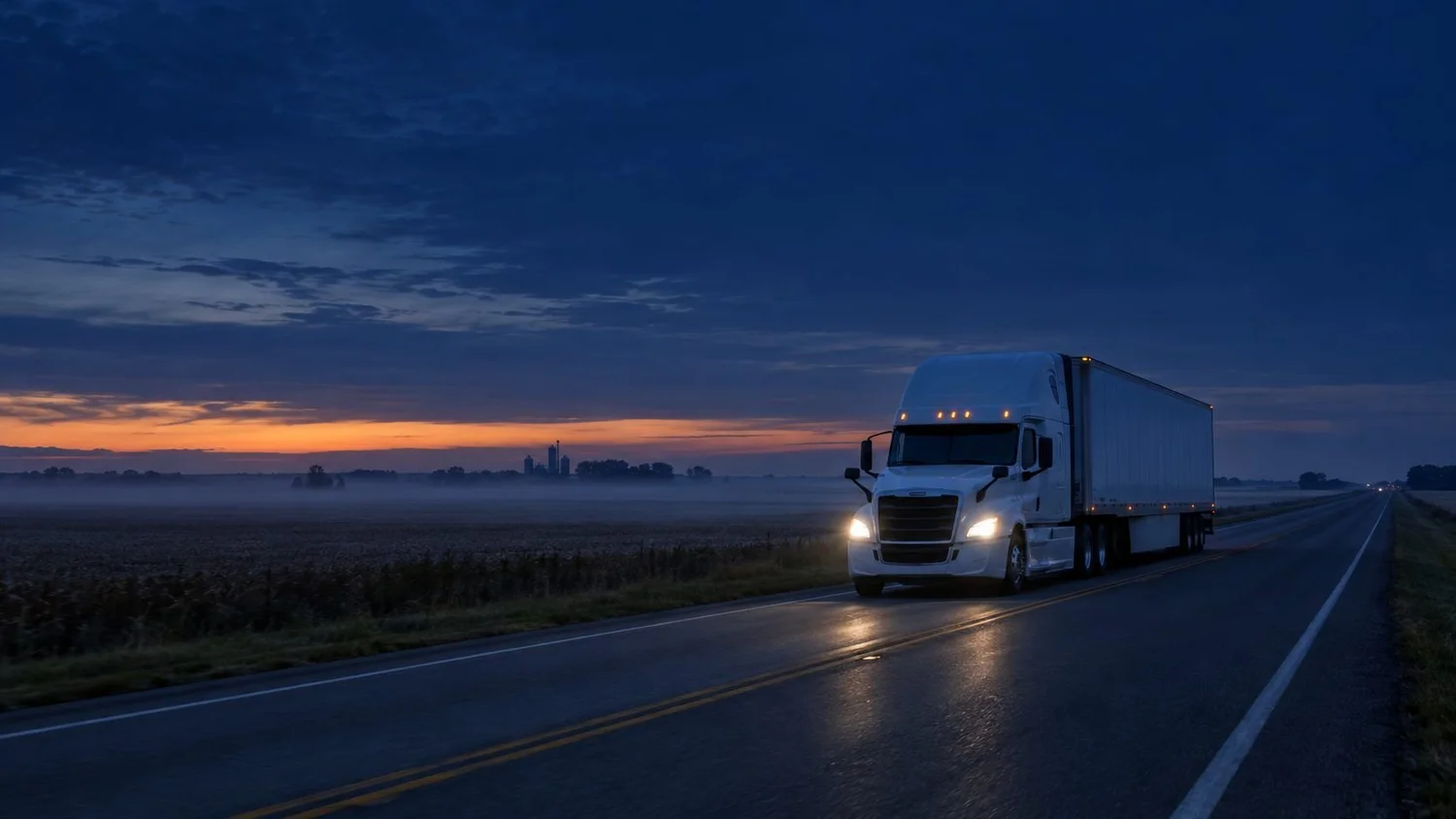 White semi truck pulling a dry van trailer on a Midwest highway at dawn