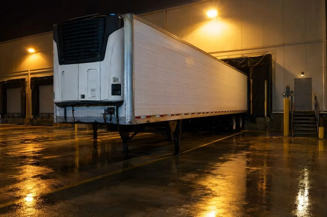 Reefer trailer backed into a cold storage dock at night