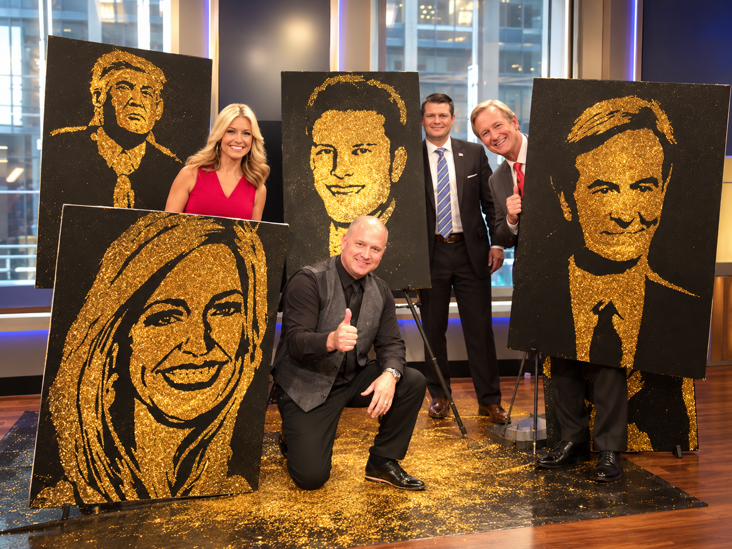 Robert Channing on the Fox & Friends set with four gold glitter portraits