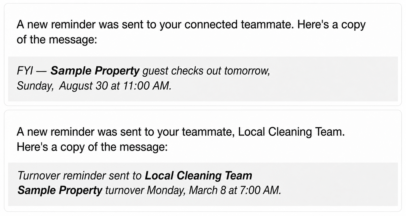 Anonymized turnover notifications showing an upcoming checkout and a reminder sent to the local cleaning team