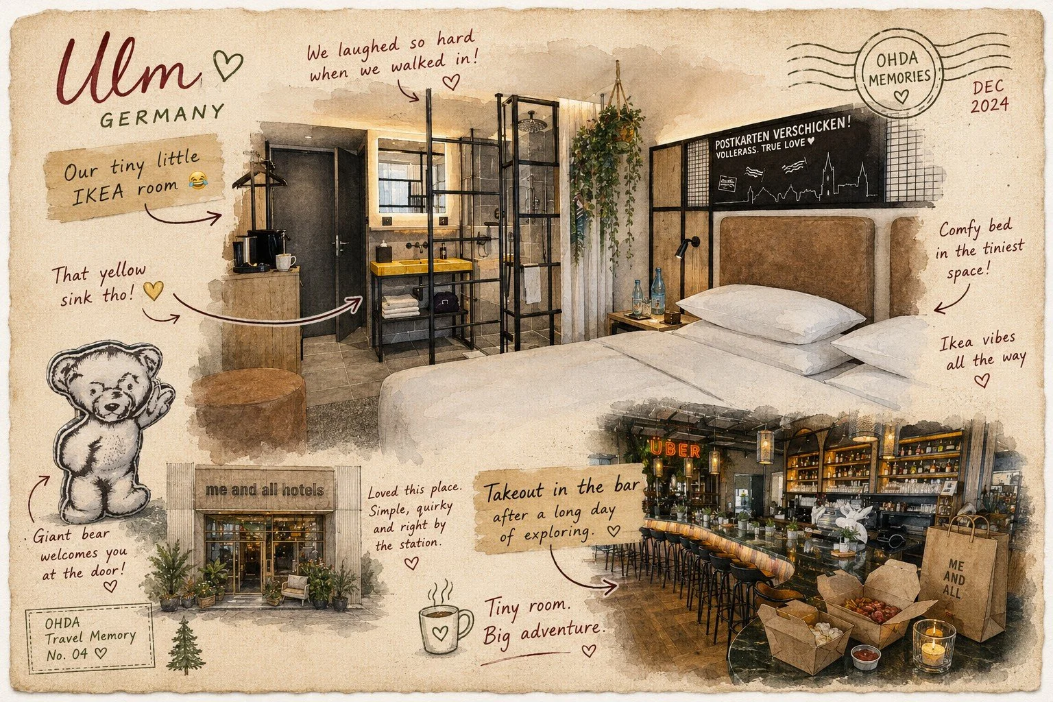 Illustrated OHDA postcard of Me and All Hotel Ulm: the compact room, the yellow sink, the chalkboard headboard, the hotel entrance and the ground-floor bar. December 2024.