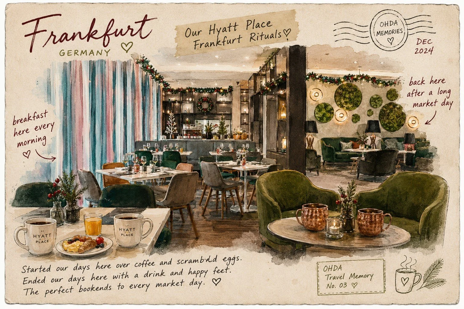 Illustrated OHDA postcard of Hyatt Place Frankfurt Airport: the breakfast tables beside the striped curtain, the bar and dining room, and the green lounge chairs with copper mugs. December 2024.