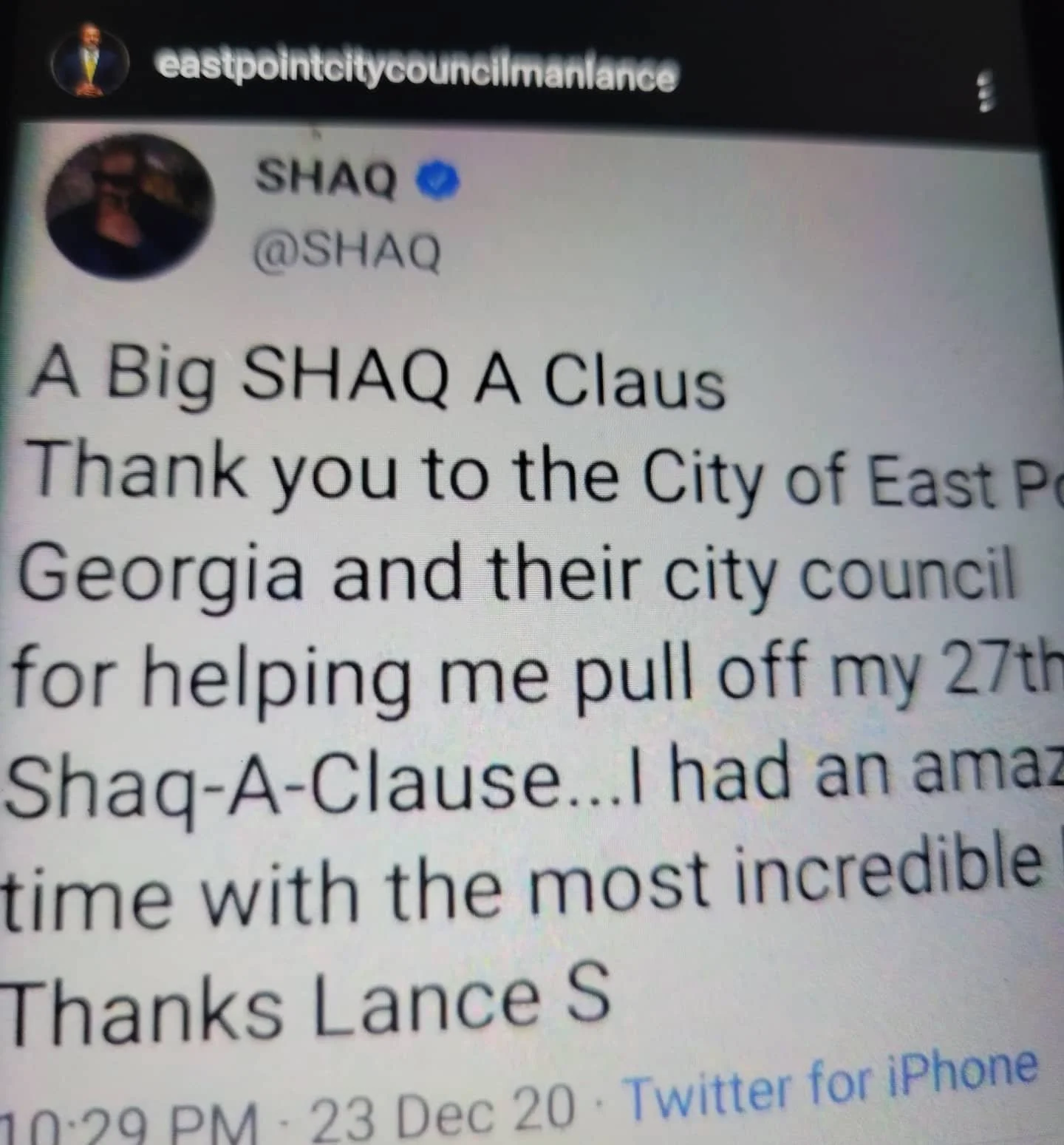 SHAQ tweet thanking Lance Robertson Shaq-A-Clause