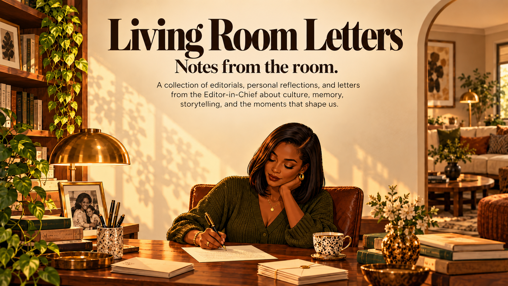 Living Room Letters. Notes from the room. A collection of editorials, personal reflections, and letters from the Editor-in-Chief about culture, memory, storytelling, and the moments that shape us. Illustrated scene of a Black woman with sleek straight shoulder-length hair writing a letter in a warm living room.