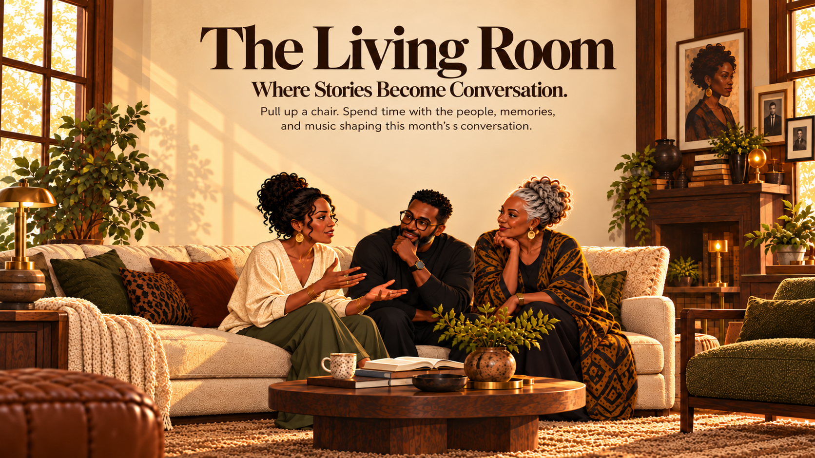 The Living Room. Where Stories Become Conversation. Pull up a chair. Spend time with the people, memories, and music shaping this month's conversation. Illustrated scene of three Black adults talking together in a warmly lit living room.
