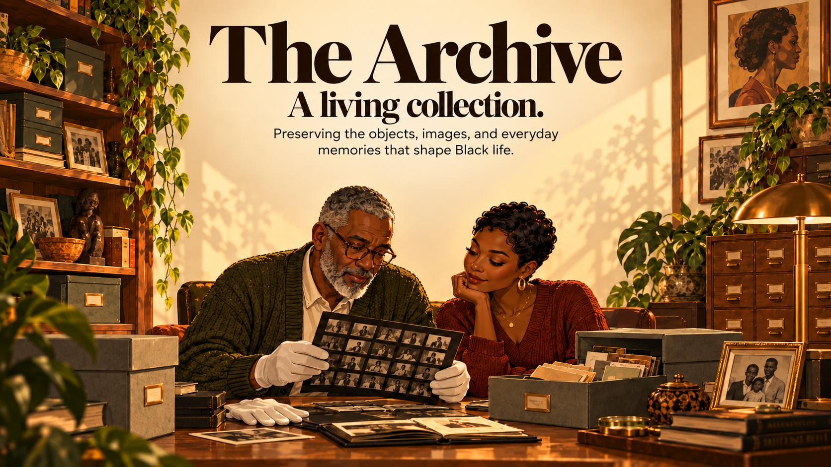 The Archive. A living collection. Preserving the objects, images, and everyday memories that shape Black life. Illustrated scene of an older Black man with short gray waves and a younger Black woman with a tapered pixie examining a photographic contact sheet.