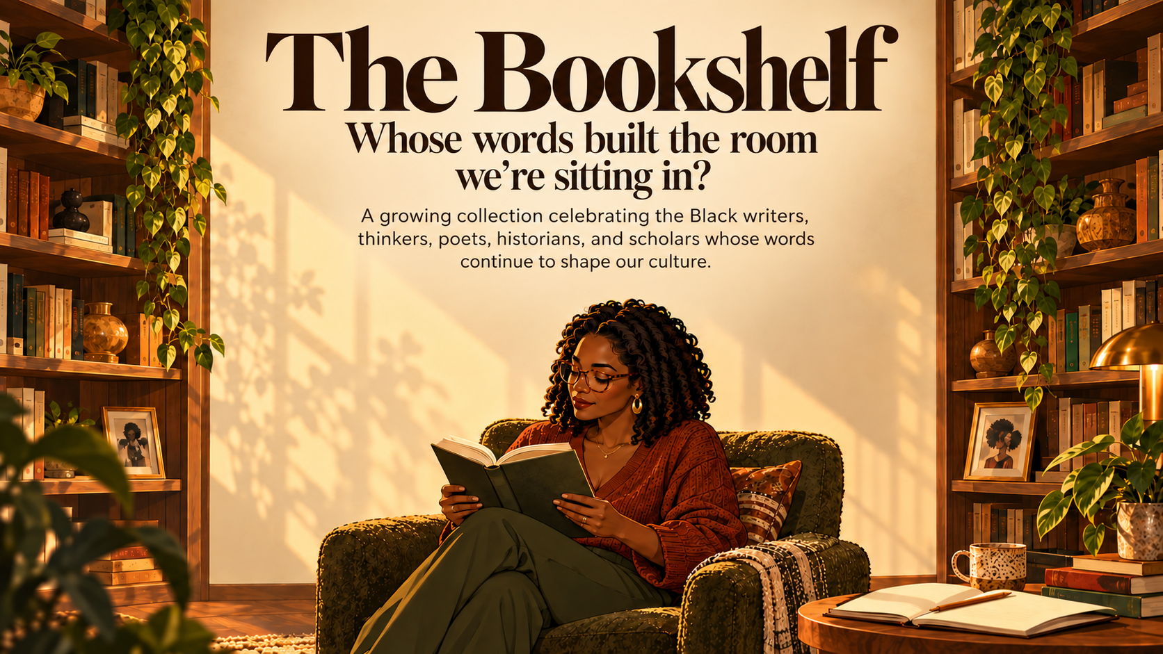 The Bookshelf. Whose words built the room we're sitting in? A growing collection celebrating the Black writers, thinkers, poets, historians, and scholars whose words continue to shape our culture. Illustration of a Black woman reading in an olive armchair surrounded by bookshelves.