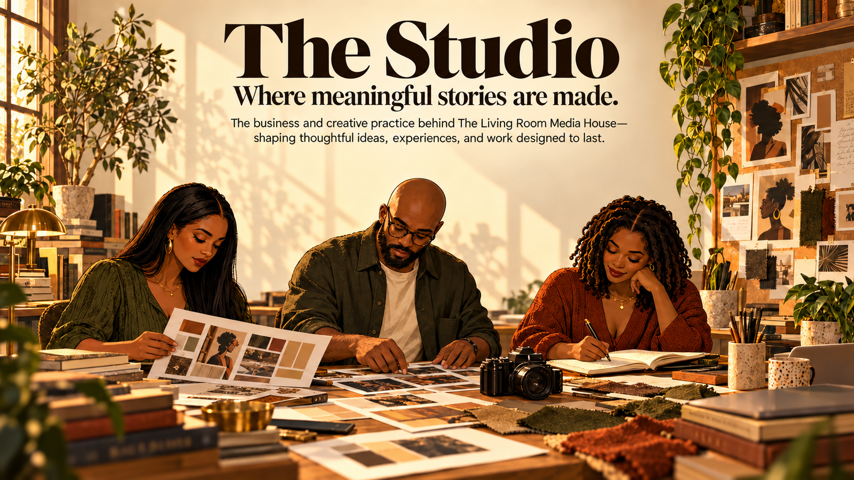 The Studio. Where meaningful stories are made. The business and creative practice behind The Living Room Media House—shaping thoughtful ideas, experiences, and work designed to last. Illustrated scene of a Black creative team: a straight-haired woman, a bald man with glasses, and a woman with locs.