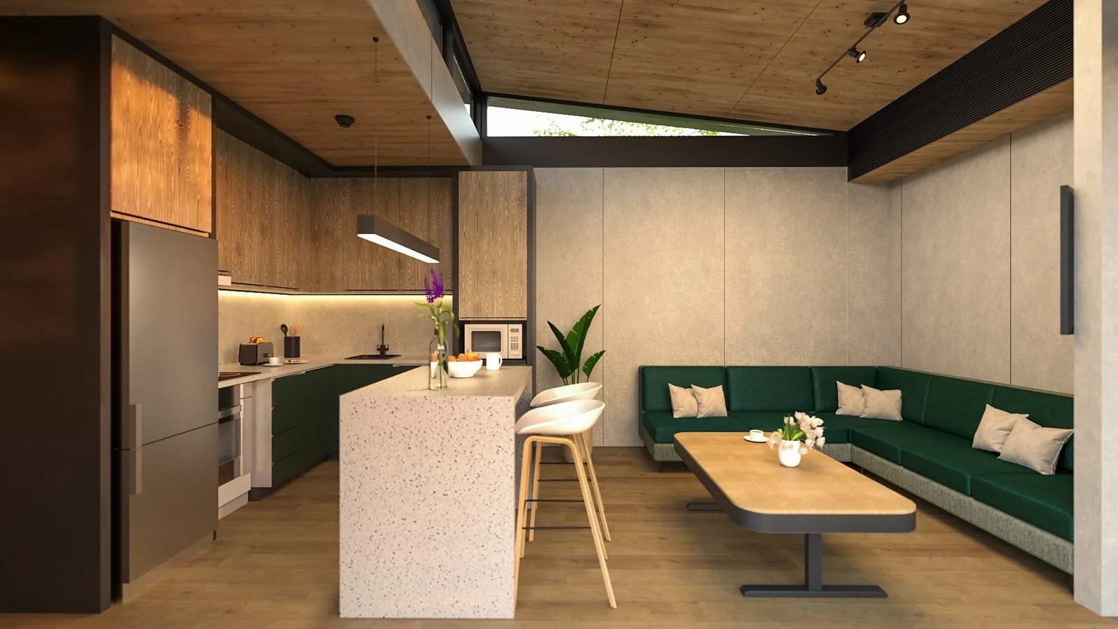 Indicative interior, shown in the Freedom 60 Single: living and kitchen: green L-shaped banquette sofa around a timber table, terrazzo-look island with stools, steel fridge, clerestory window and a timber-lined ceiling with black track lighting