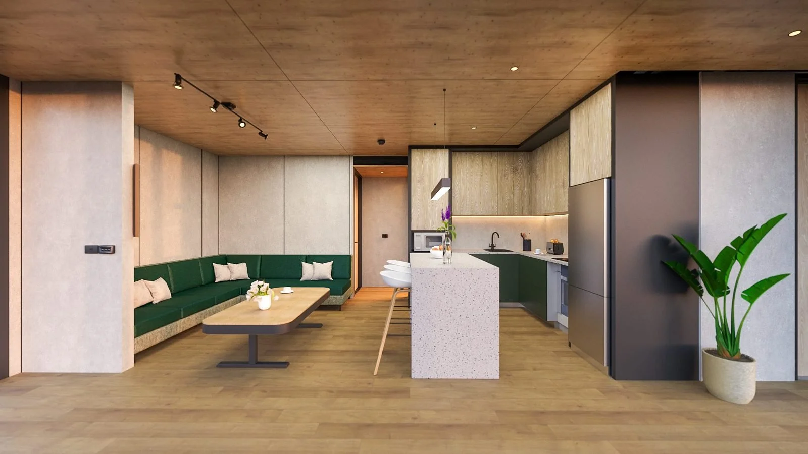 Freedom 60 Double open living and kitchen across both modules: long green banquette sofa and timber coffee table, terrazzo-look island with stools, green and oak-look kitchen, steel fridge and a timber-lined ceiling