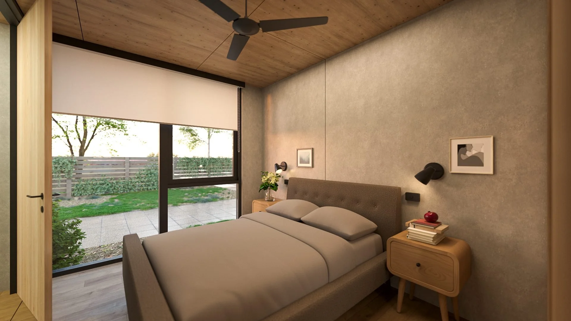 Freedom 60 bedroom with a large window to the garden, timber ceiling and upholstered bed.