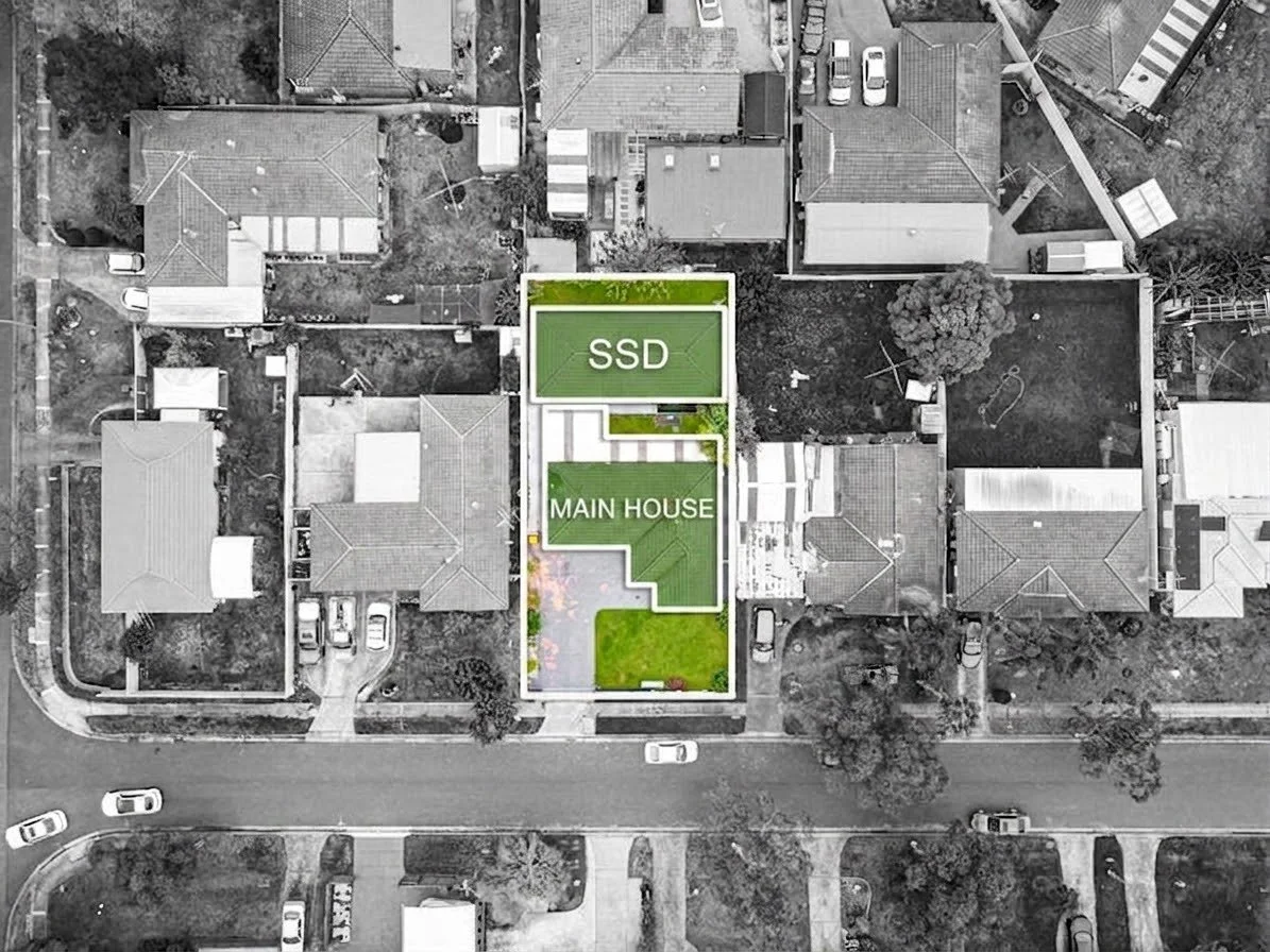 Aerial view of a suburban block with the main house and a small second dwelling outline marked on the lot.
