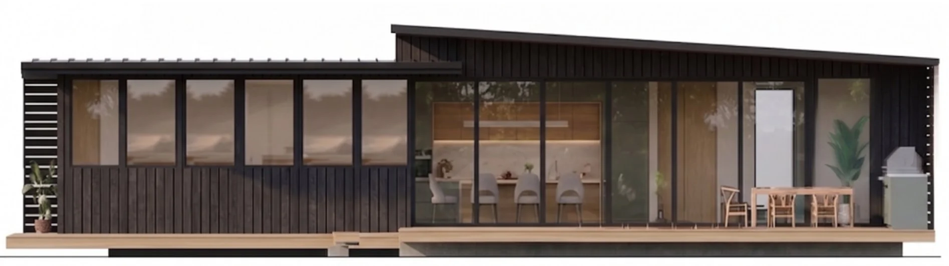 Freedom 60 Single side elevation in the Dark colourway: charred black cladding, Monument roof, timber deck