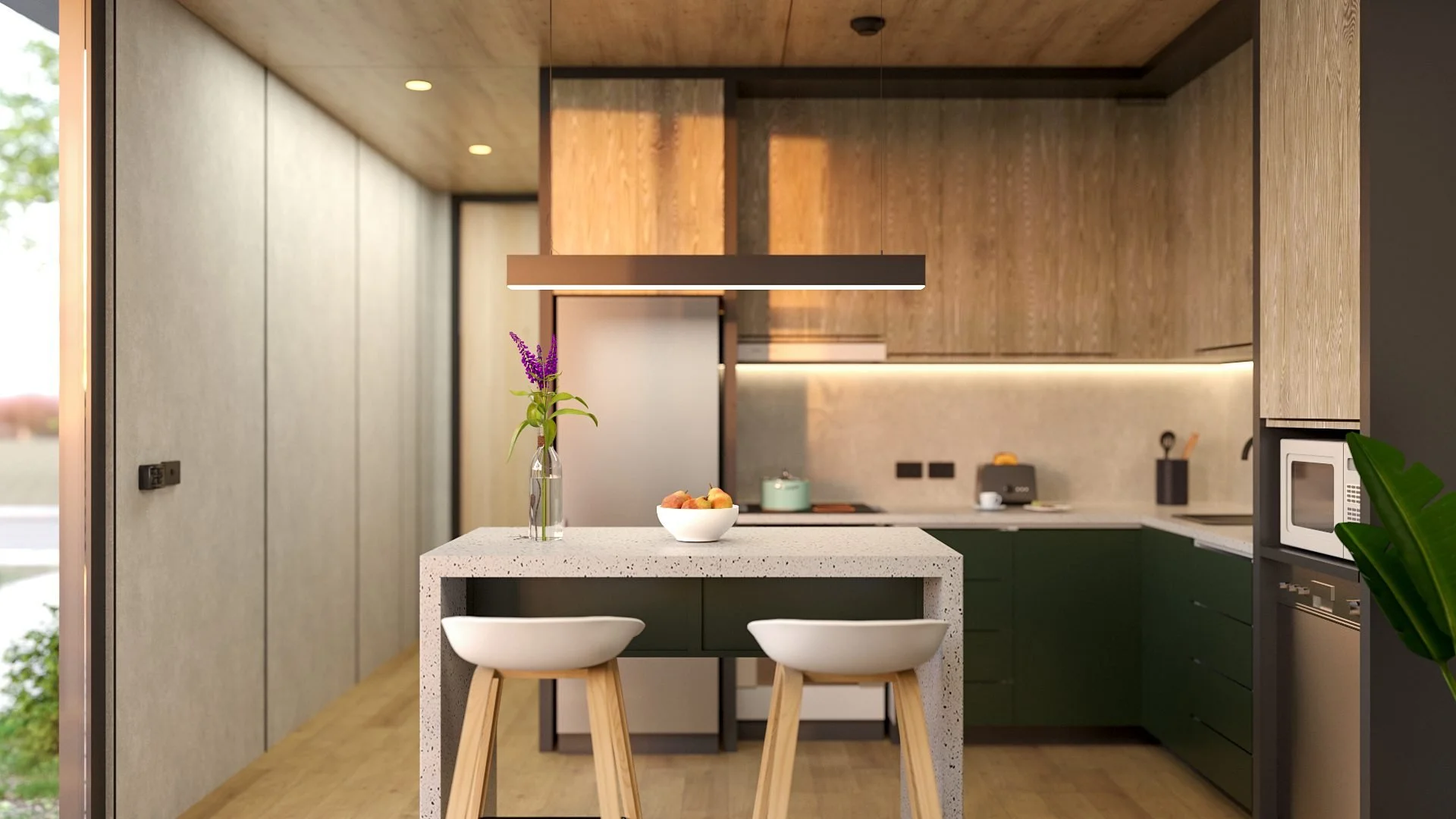 Freedom 60 kitchen with island bench, stools, timber upper cabinets and deep green lower cabinets.