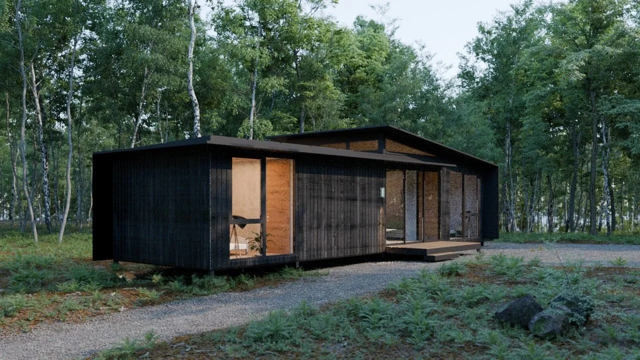 Freedom 60 Single exterior from the corner in a bush setting: dark vertical cladding, a glazed bedroom end and a skillion roof rising over the living room, gravel drive and tall trees behind