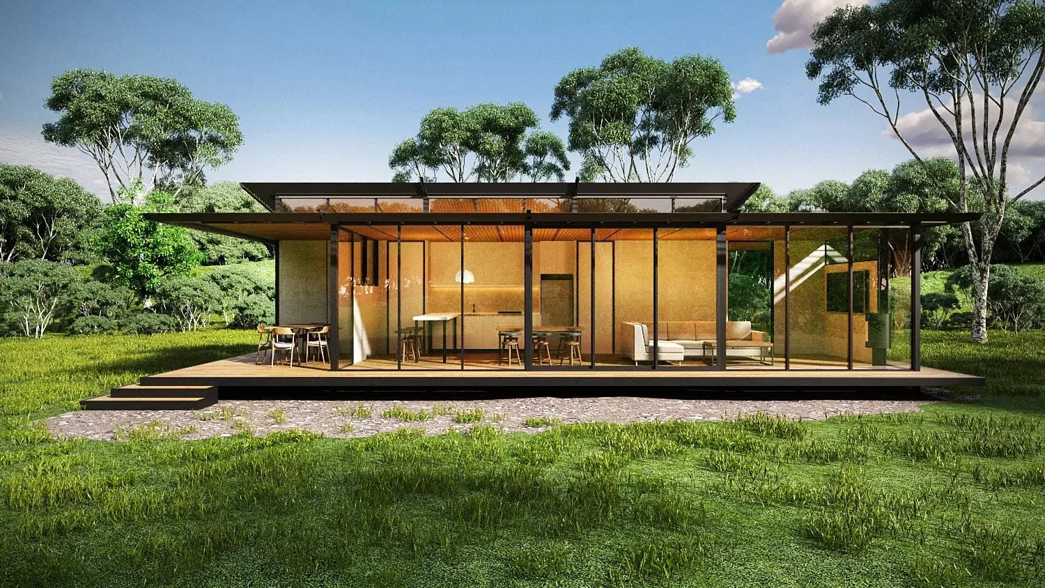 Freedom 80 exterior: long flat-roofed pavilion with full-height glazing and a wraparound timber deck in a grassy bush setting.
