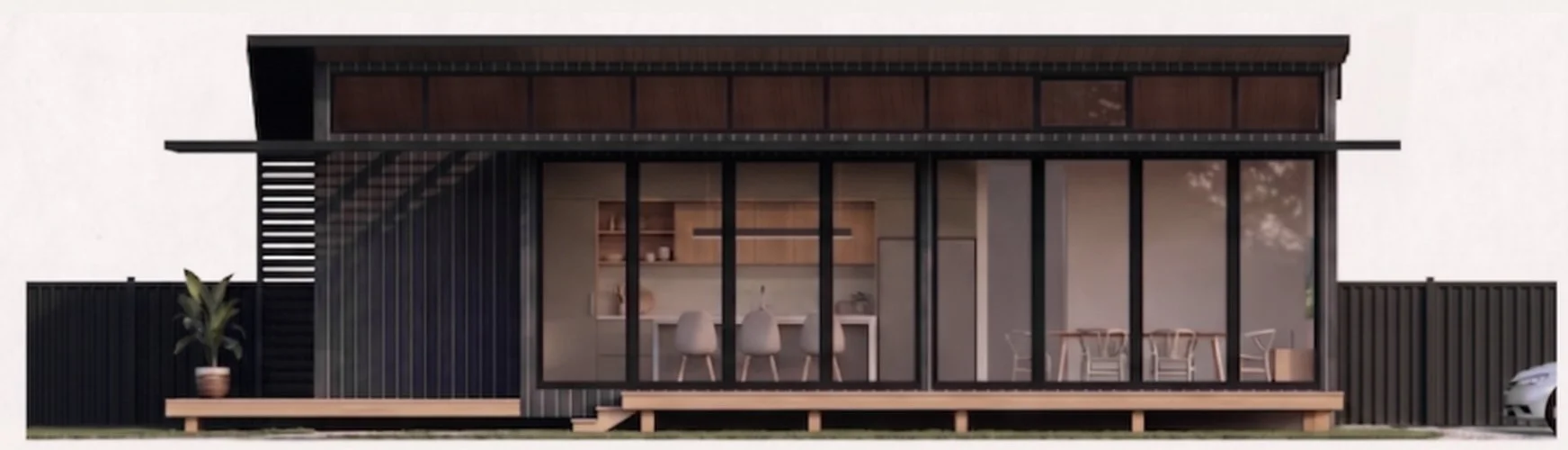 Freedom 60 Double side elevation in the Dark colourway: two modules, charred black cladding, timber deck