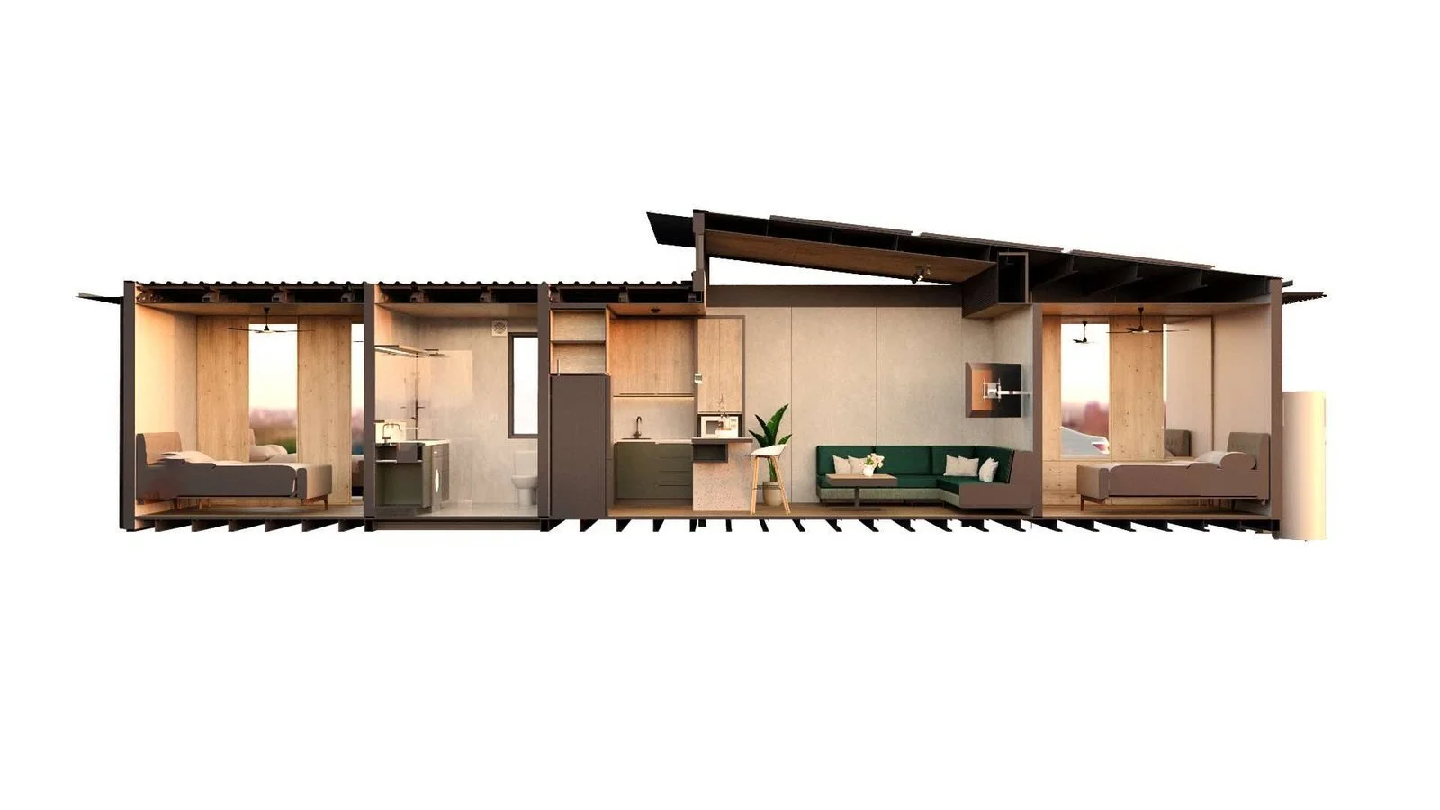 Section drawing of a Freedom home showing the skillion roof and room layout.