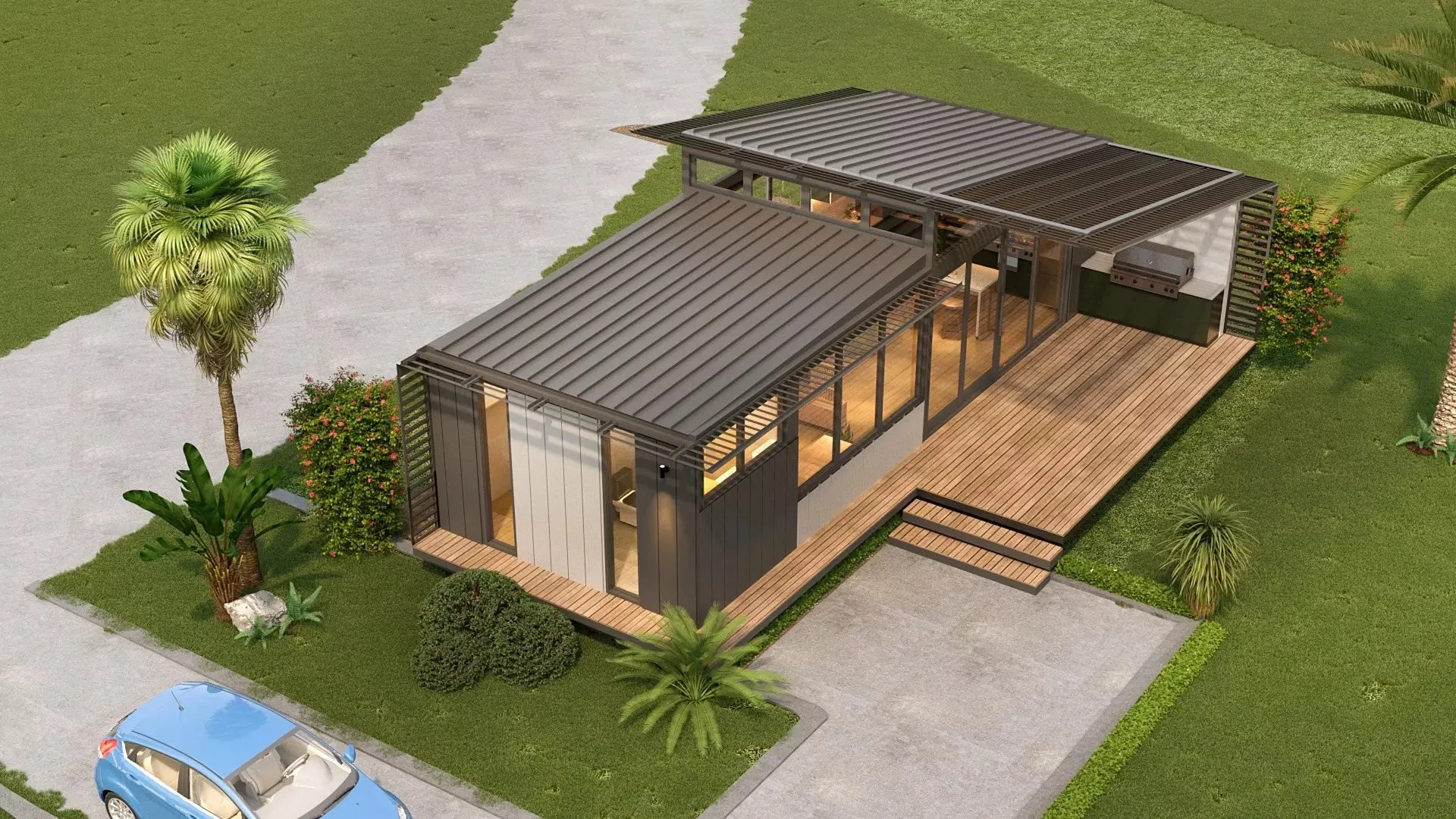 Indicative exterior, Greater Homes Balance 55 imagery: aerial view of a single module with a dark skillion roof, glazed living area and an L-shaped timber deck with an outdoor BBQ kitchen