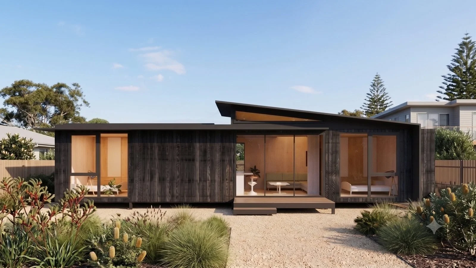 Freedom 60 Single exterior by day: dark-clad module with a skillion roof, glazed living room opening onto a timber deck, coastal garden in front