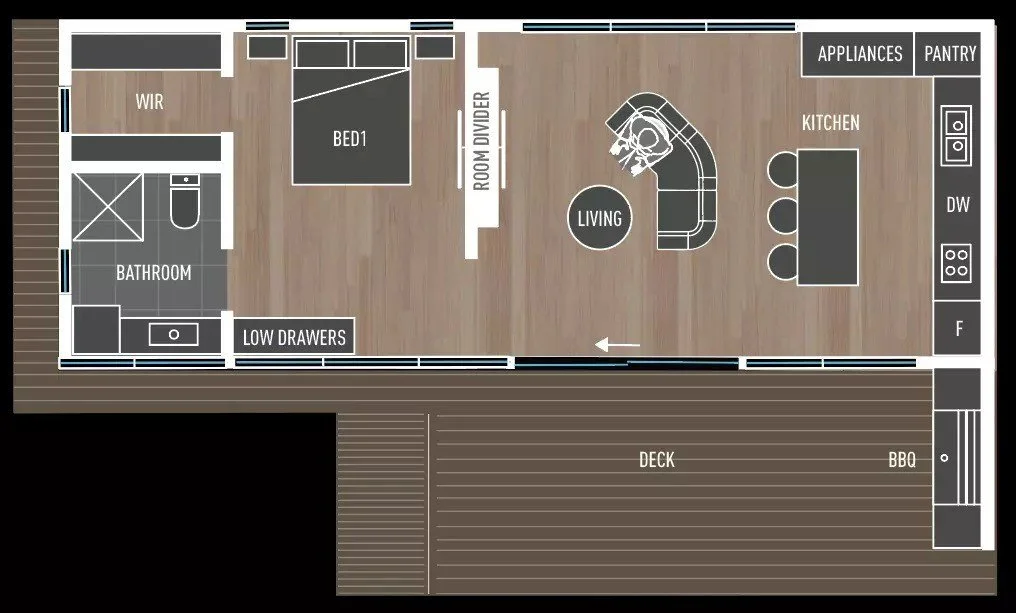 Indicative floor plan, Greater Homes Balance 55 marketing render, no dimensions: walk-in robe, bathroom and bedroom at one end, a room divider, then open living and kitchen with an island bench and pantry; sliding doors open to an L-shaped deck with a BBQ