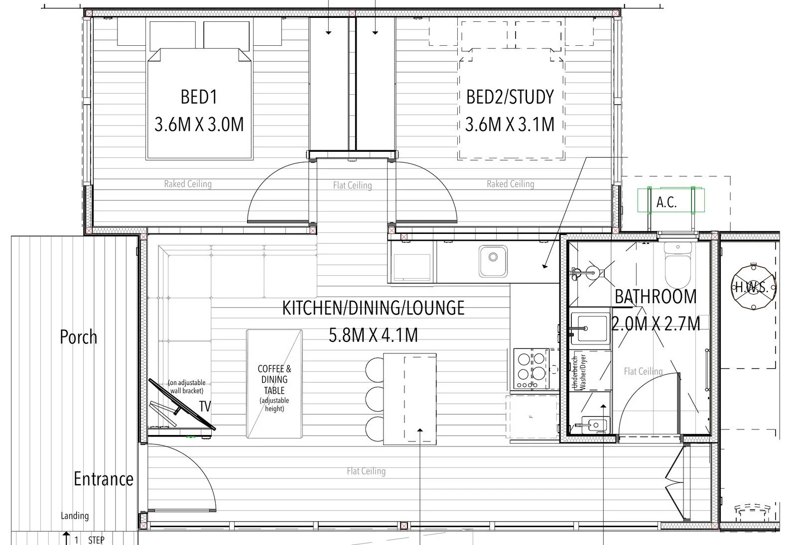 Freedom 60 Double floor plan. Bed 1 and Bed 2 or study side by side along one side. Open kitchen, dining and lounge with island bench along the other. Bathroom with European laundry off the kitchen. Porch and entrance at one end.