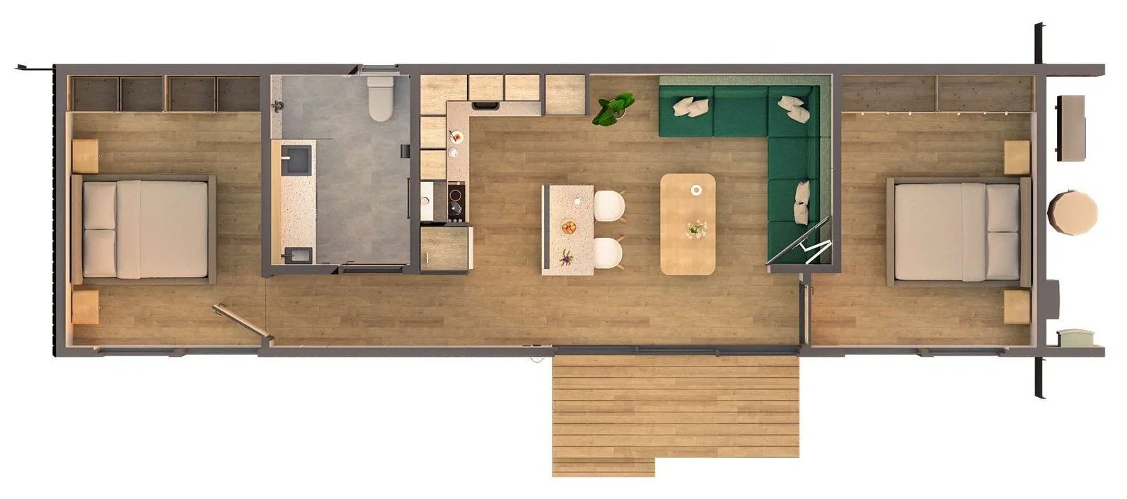 Freedom 60 Single floor plan, 14.2 by 4.2 metres. Bed 1 at one end, Study or Bed 2 at the other. Kitchen and living in the middle. Bathroom and European laundry beside Bed 1.