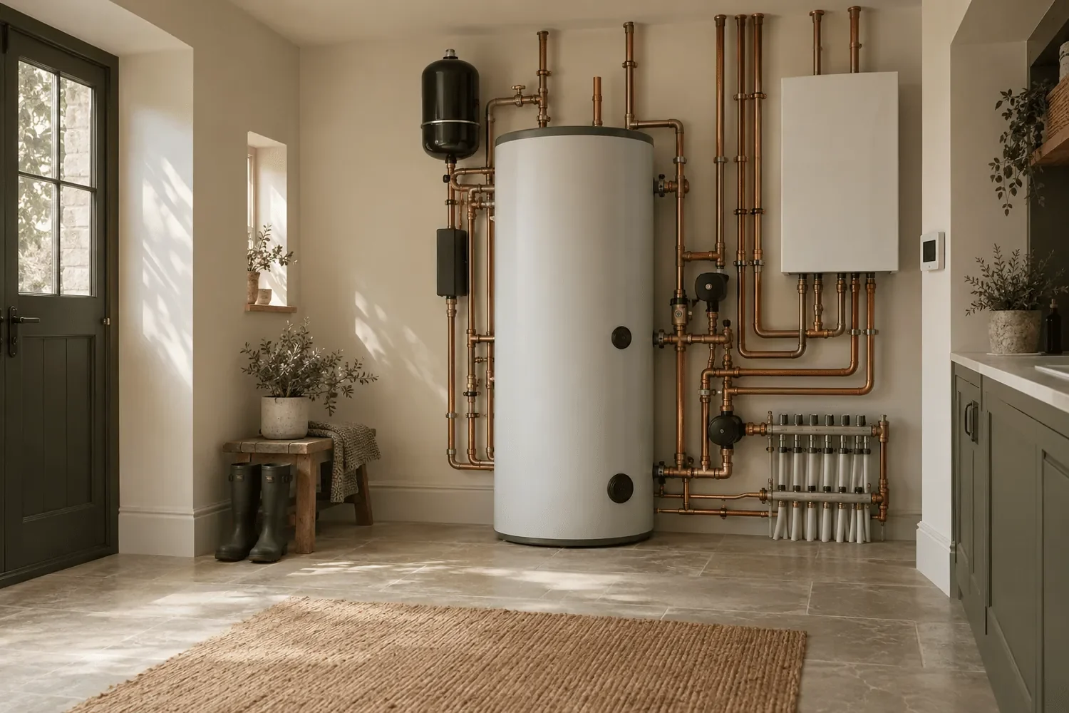 Modern domestic heating system with hot-water cylinder and pipework