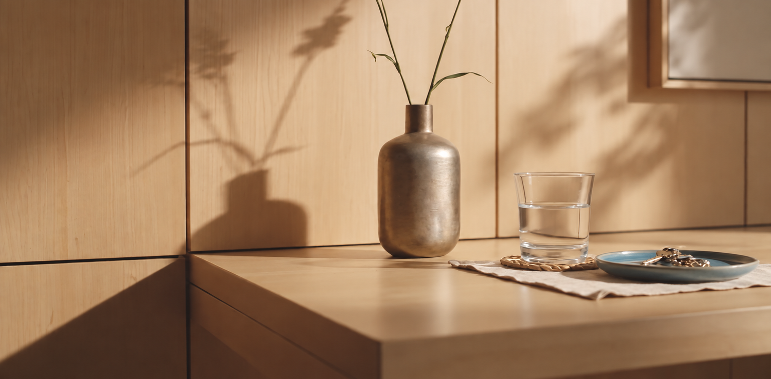 Considered interior with natural materials and warm lighting
