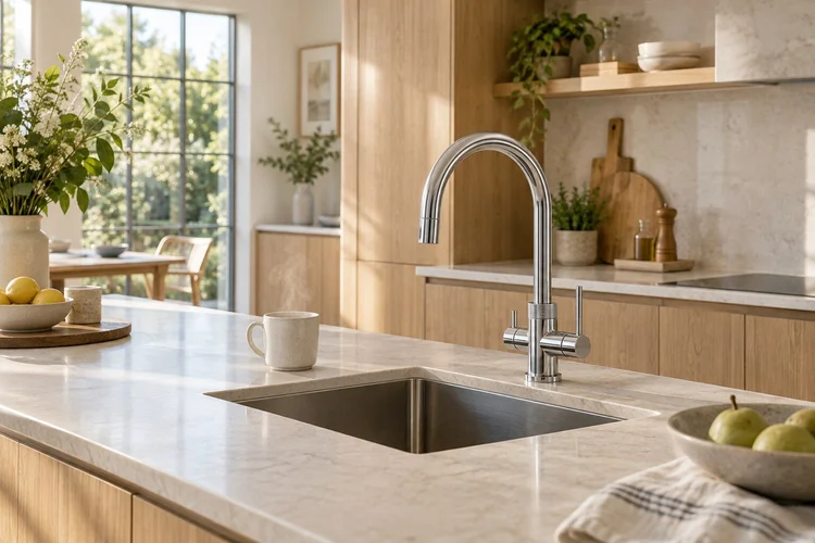 Illustrative boiling-water-style tap in a light oak kitchen; not a product specification