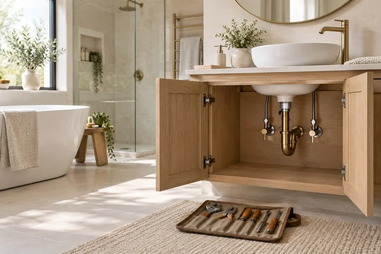 Illustrative bathroom basin with accessible waste and plumbing connections