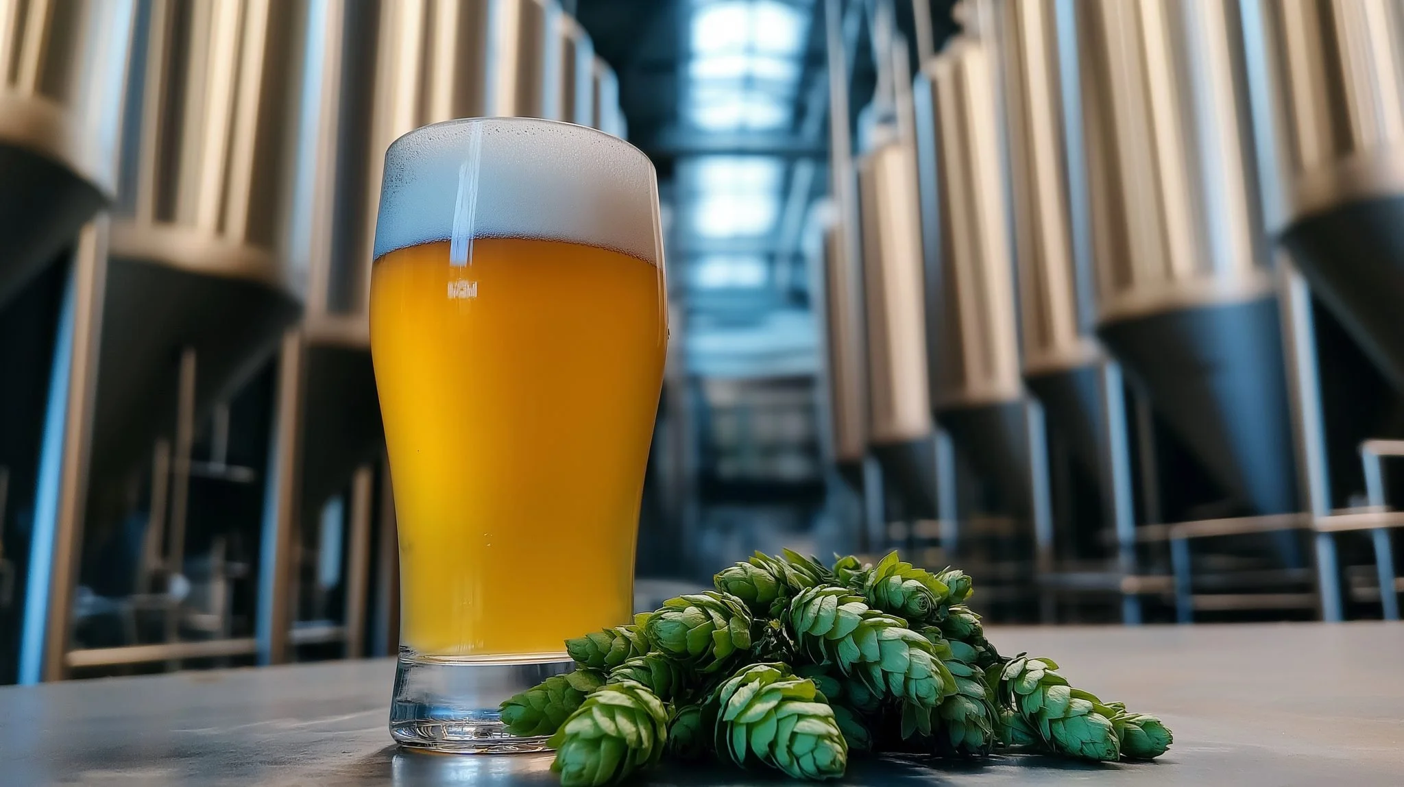 Stainless steel fermentation vessels in a brewery