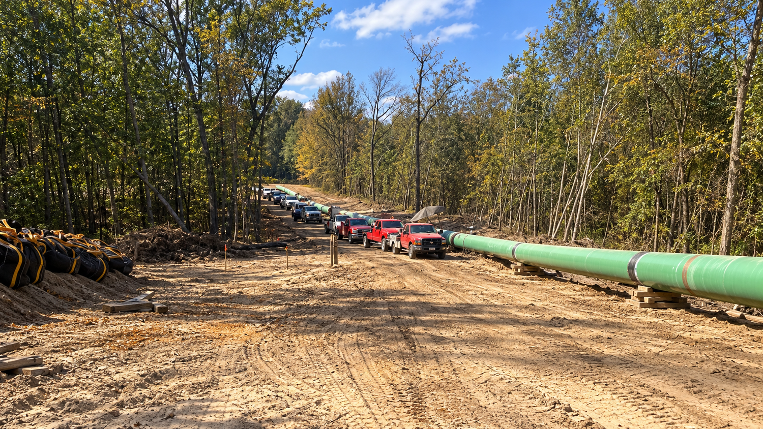 Welding rigs lined up along a forested mainline pipeline corridor