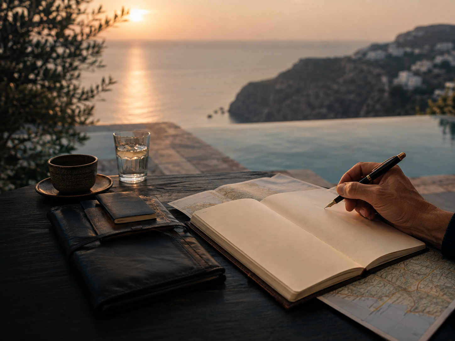Infinity pool overlooking the caldera at sunset, with candlelit table for two