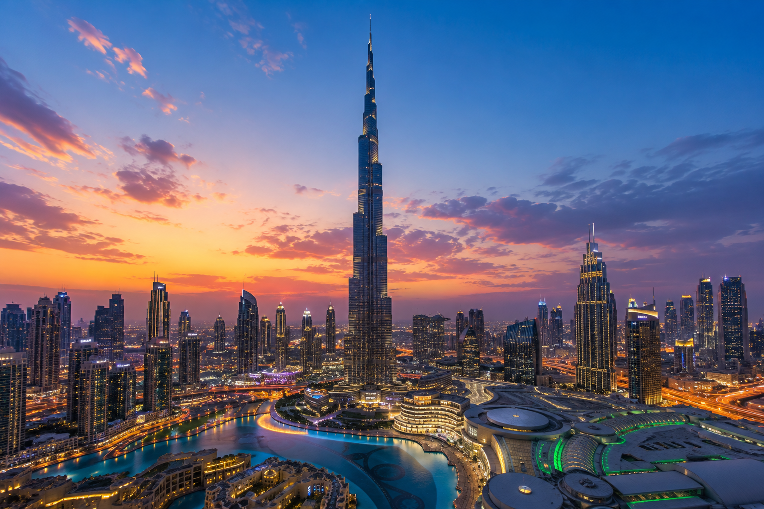 Dubai skyline at sunset