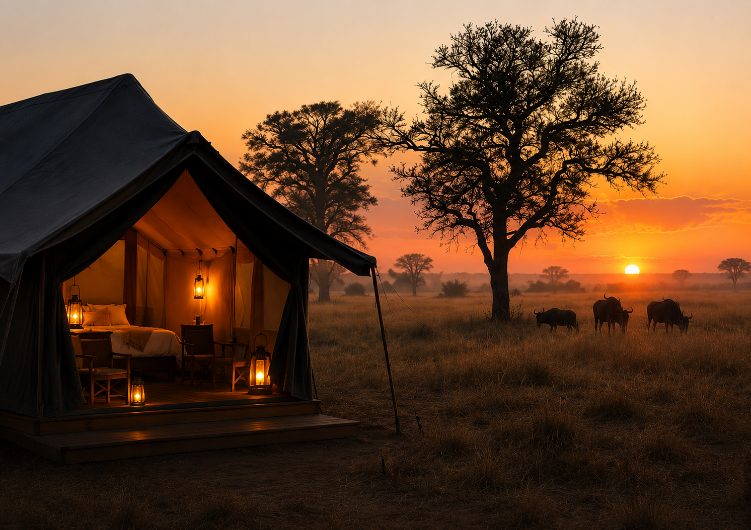 Luxury tented camp in the Serengeti at dusk