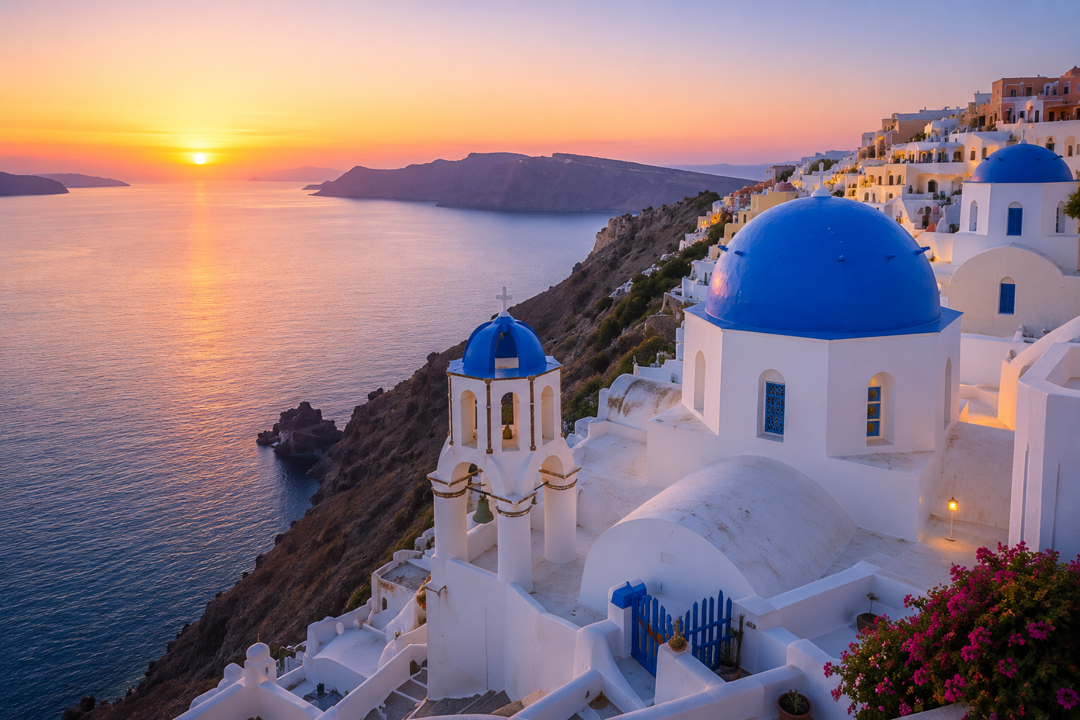 Santorini cliffside suites at sunset