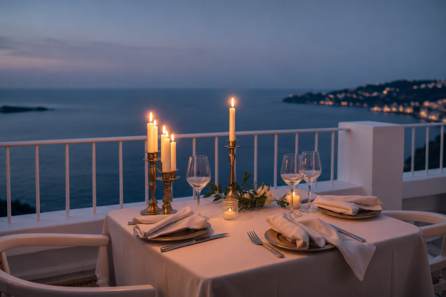 Candlelit dinner table overlooking the Greek Islands