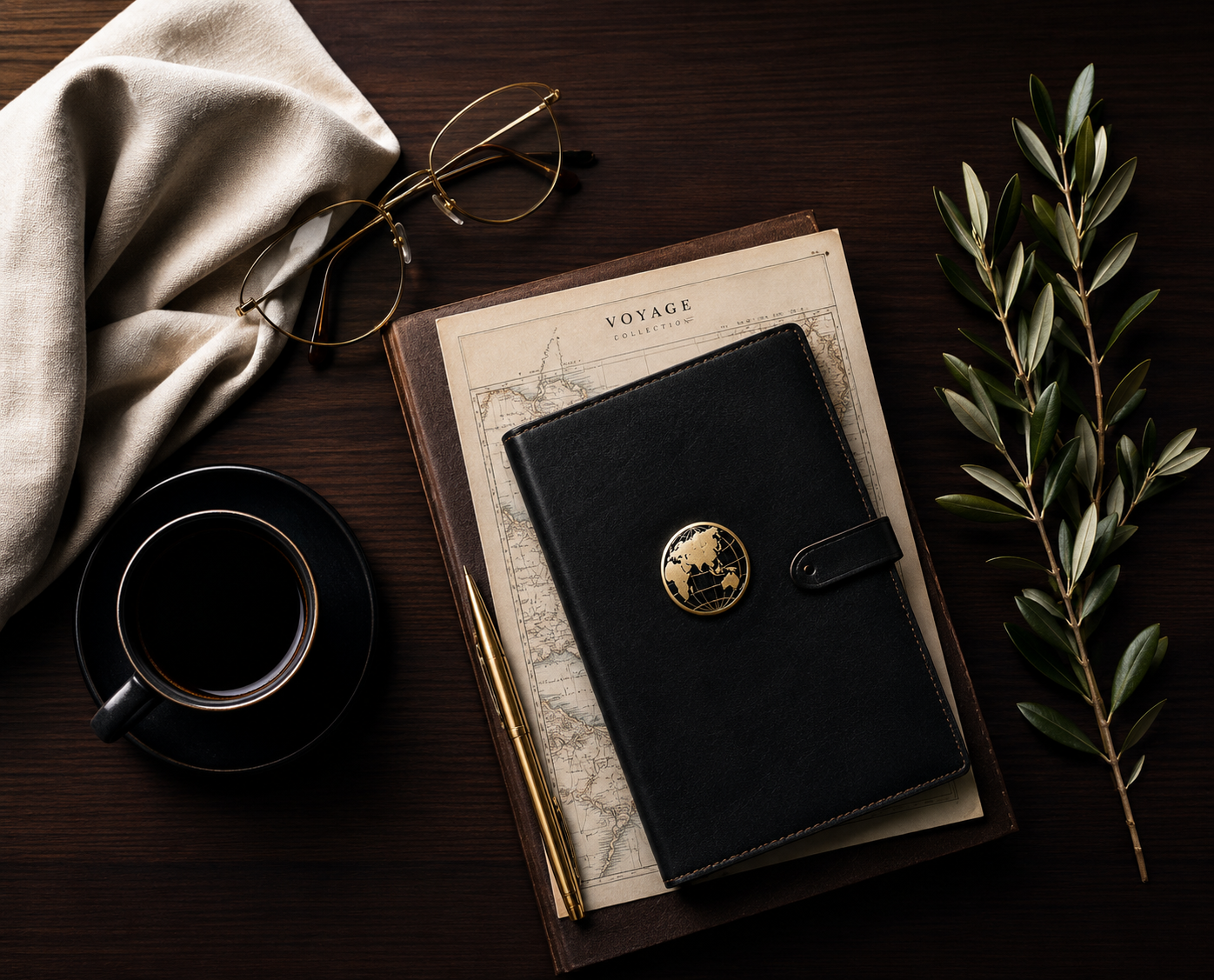 Luxury travel journal and compass