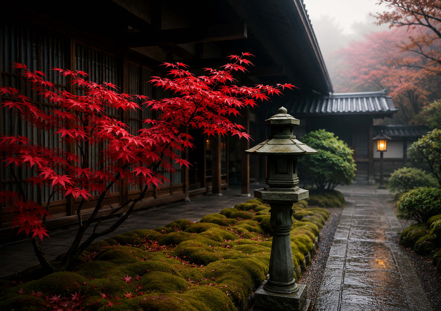 Autumn maple leaves and moss garden in Kyoto