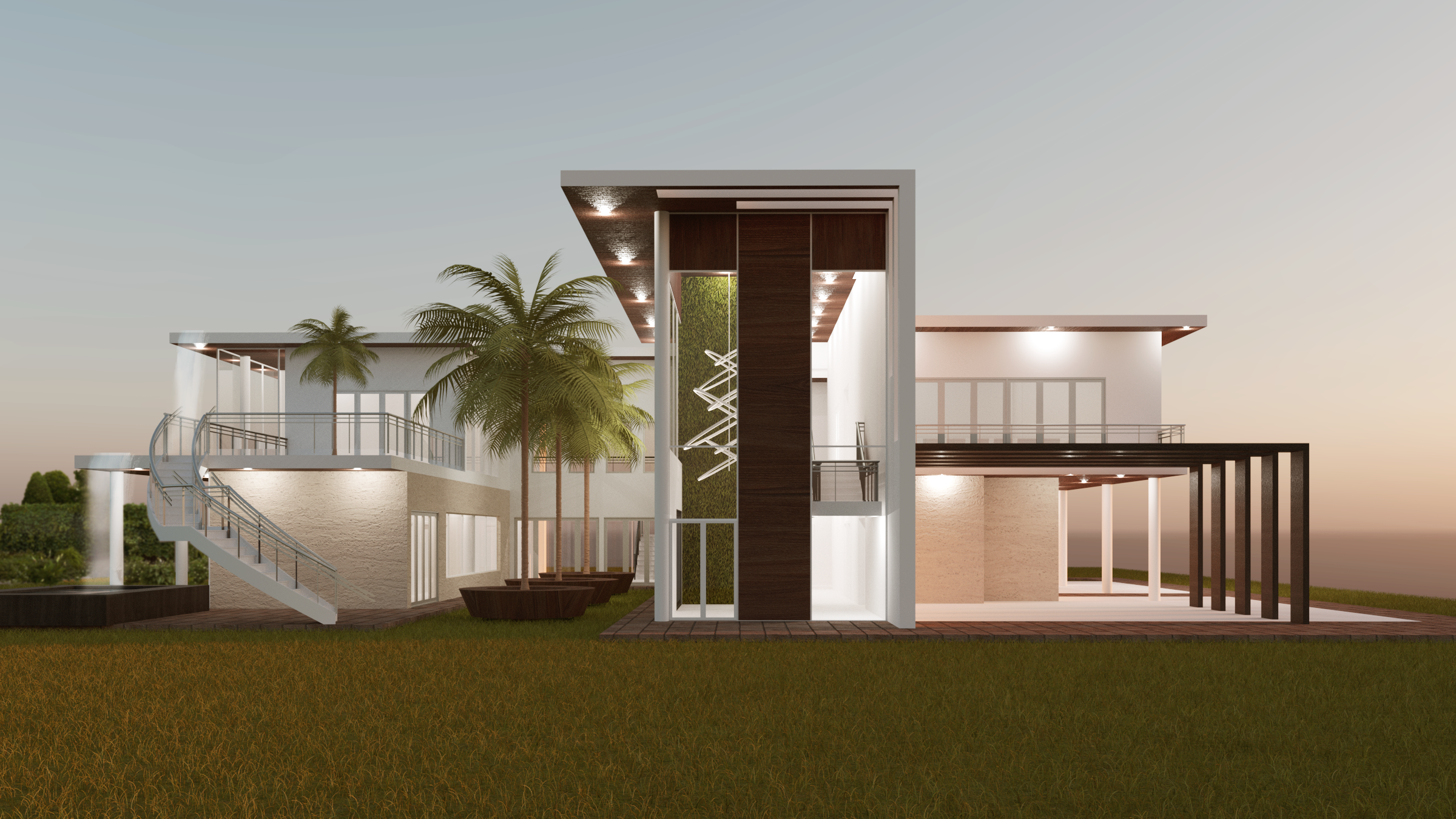 A rendering of the unbuilt early scheme: a two-storey modern building with a timber-clad entry tower and palms, at dusk.