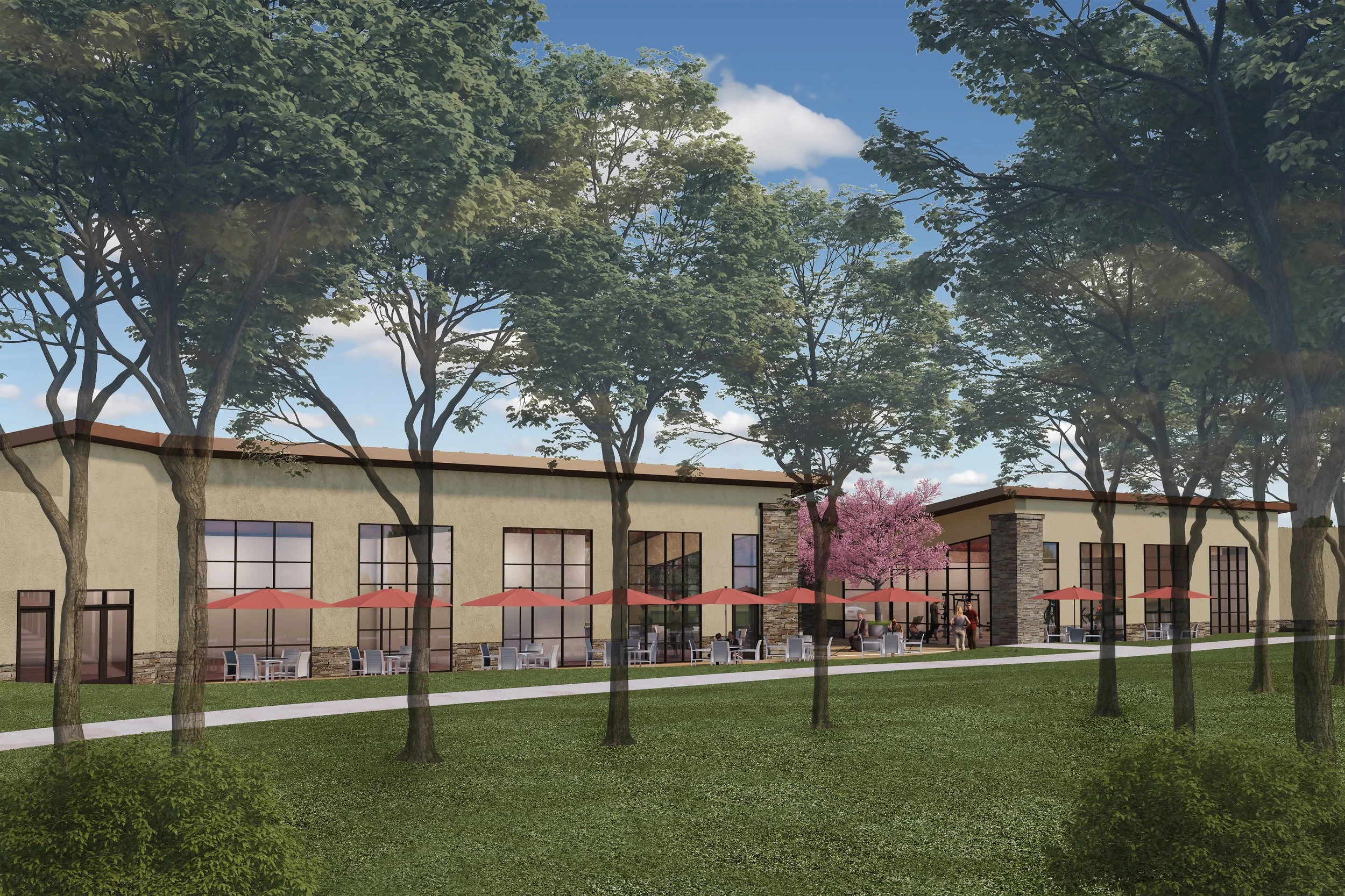 A rendering of the rear: tall windows and a stone-framed entry opening onto a long patio under red umbrellas.