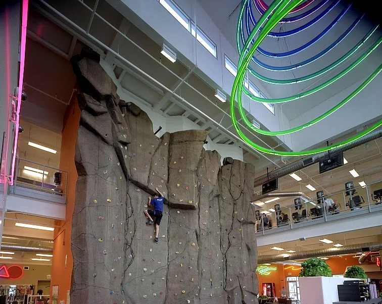 The climbing wall, a tall column of moulded grey rock with coloured holds and a climber part way up.
