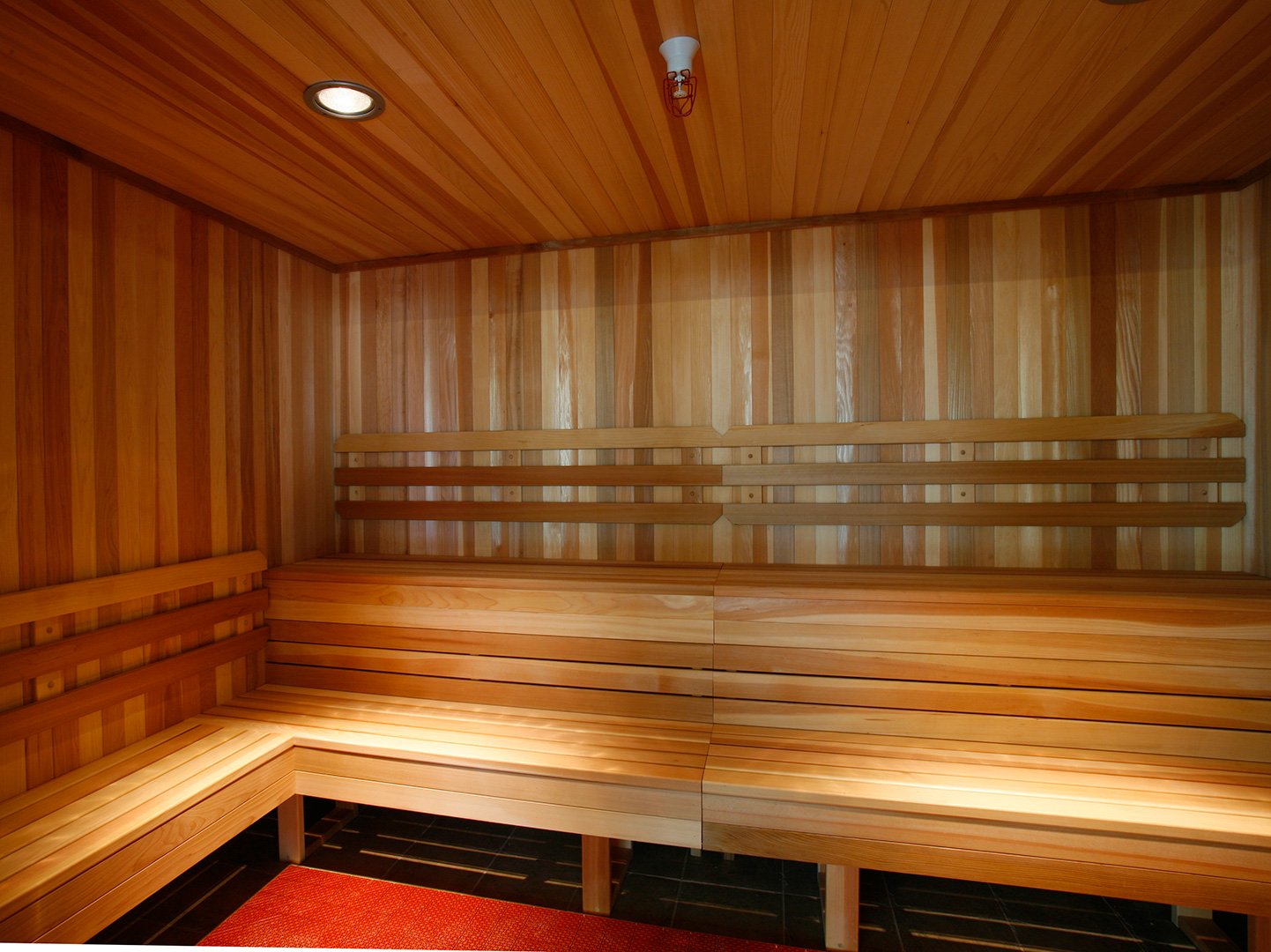 The cedar sauna, benches on two levels in clear vertical timber with a red tiled floor at the foot.