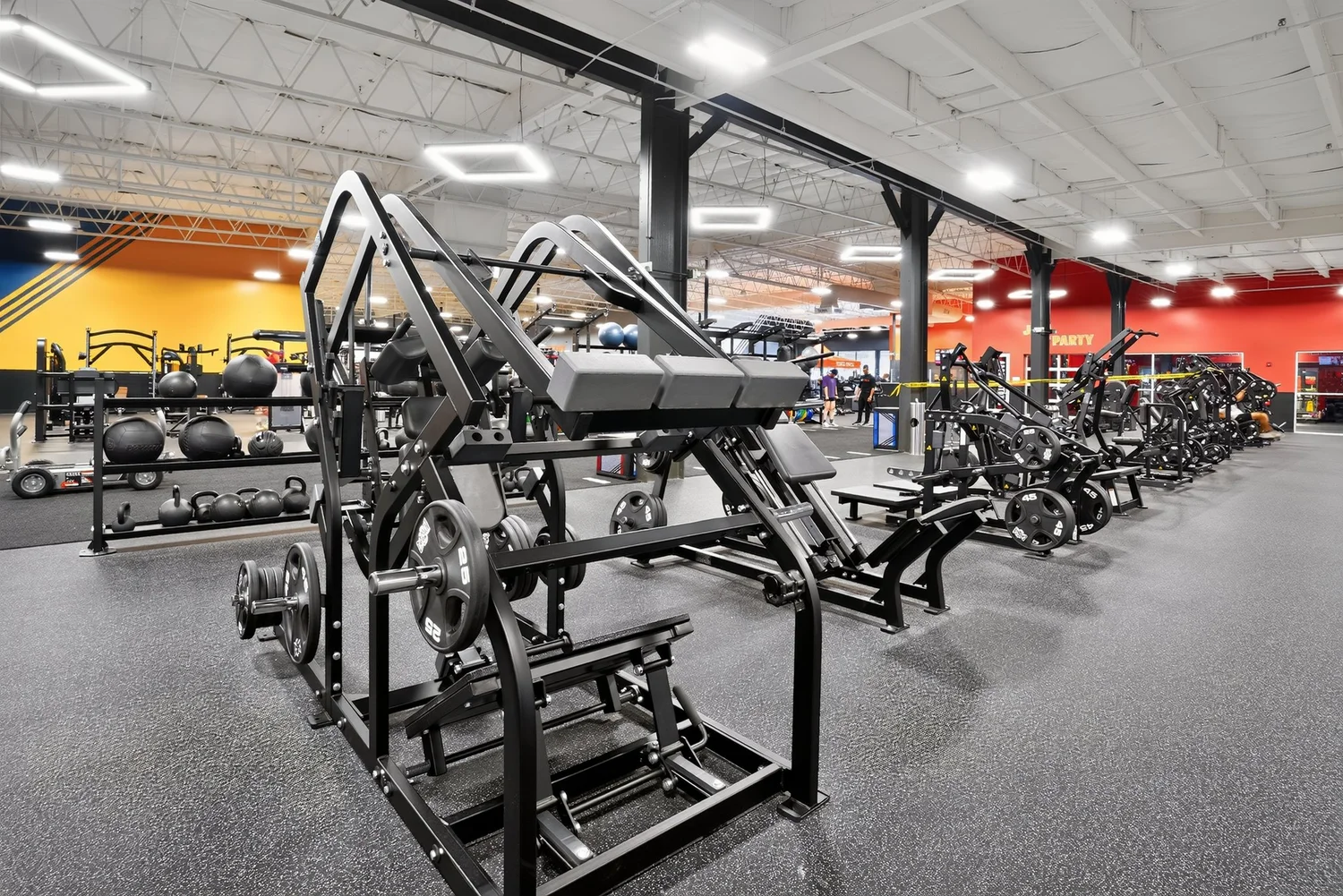 Plate-loaded machines in a row on a grey floor with medicine balls racked between them.